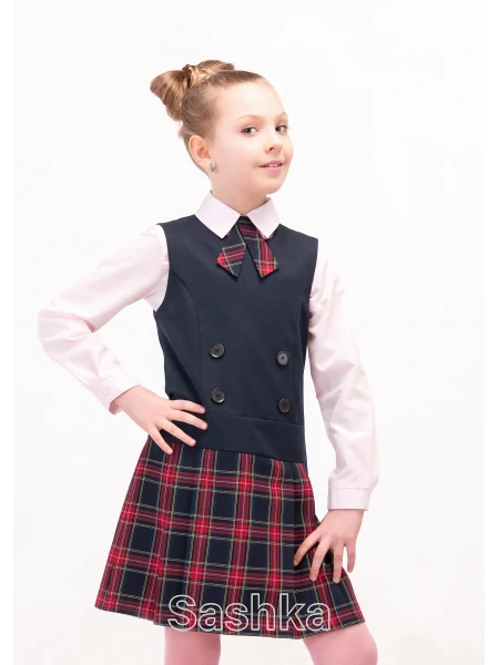 Сарафан для дівчинки Sashka шкільний синій з клітинкою (напіввовна), розмір 116-146